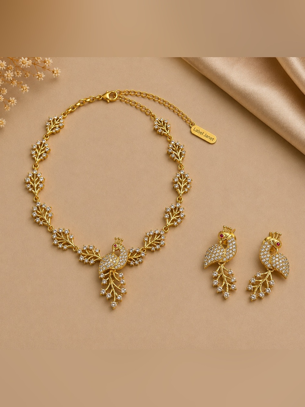 Gold Peacock Necklace and Earring Set - Gold